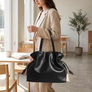 Cream Leather Shoulder Tote Bag, Minimalist Drawstring Handbag, Soft Everyday Purse, Personalized Gift for Women