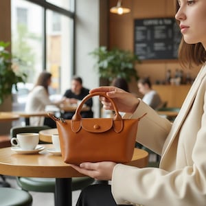 Könnte beinhalten: Eine kleine, braune Lederhandtasche mit einem oberen Griff und einem Klappenverschluss. Die Tasche wird vor einer Person in einem Café gehalten. Die Tasche hat ein schlichtes, elegantes Design.