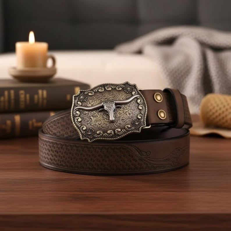 May include: A brown leather belt with a decorative metal buckle. The buckle features a bull's head design and an ornate pattern. The belt has a textured pattern and two metal rivets near the buckle. The buckle is silver in colour.