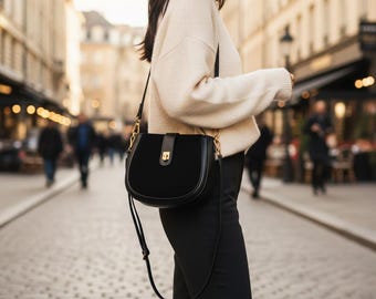 Personalized Leather Crossbody Bag Custom Laser Engraved Logo or Name - Minimalist Suede Saddle Bag - Vintage Parisian Style Purse for Women