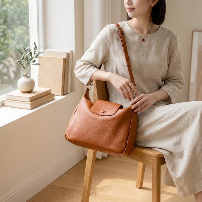 May include: A tan leather shoulder bag with a flap closure and a long adjustable strap. The bag is worn over the shoulder. The bag is a medium size and appears to be made of high-quality leather.