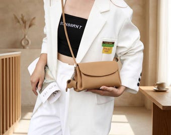 Minimalist Pebbled Leather Crossbody Bag - Small Everyday Handbag with Elephant Charm - Chic Flap Shoulder Bag