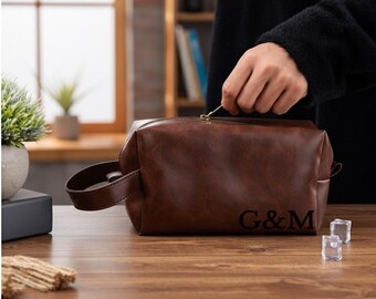Personalized Toiletry Bag for Men Leather Dopp Kit Groomsmen Gift Custom Monogram Shaving Bag