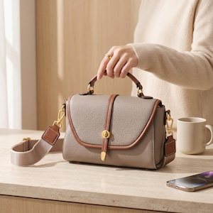 May include: A taupe-colored handbag with a pebbled texture, featuring brown leather trim, a top handle, and a detachable shoulder strap. The bag has a front flap secured by a gold-toned metal clasp and hardware, providing a structured appearance.