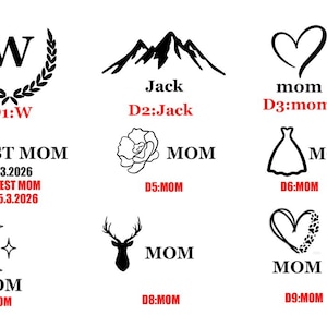 May include: A collection of nine black graphic designs on a white background, including a letter W in a laurel wreath, a mountain range with the name Jack, a heart, the text BEST MOM 15.3.2026, a flower, a dress, a crescent moon, a deer head, and a heart.