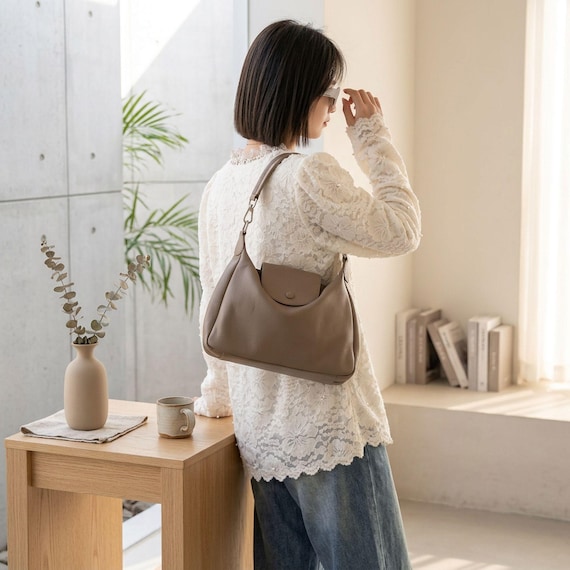 Handmade Leather Hobo Bag, Minimalist Shoulder Bag for Women, Genuine Pebbled Leather Crossbody Purse, Large Slouchy Handbag