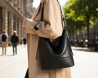 Handmade Minimalist Leather Hobo Bag - Large Slouchy Shoulder Bag - Cognac Brown Leather Purse with Adjustable Strap