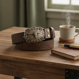 May include: Brown leather belt with a decorative metal buckle featuring a bull's head. The belt has a textured pattern and is displayed on a wooden surface. A cup of coffee and a notebook are also visible.