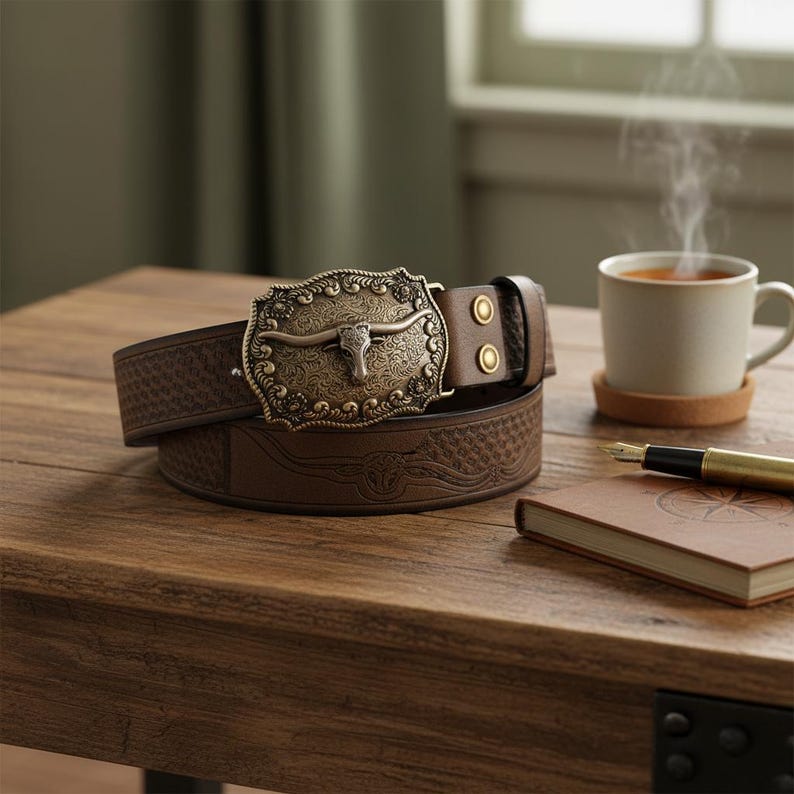 May include: Brown leather belt with a decorative metal buckle featuring a bull's head. The belt has a textured pattern and is displayed on a wooden surface. A cup of coffee and a notebook are also visible.