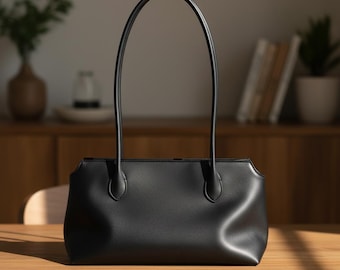 Minimalist Black Leather Shoulder Bag - Chic Large Tote Purse with Zipper - Handmade Everyday Work Bag for Women