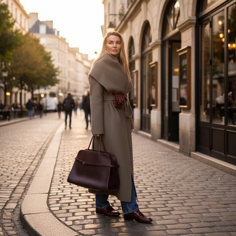 Large Leather Work Tote Bag for Women, Structured Minimalist Handbag, Handmade Commuter Bag, Elegant Buckle Detail Purse image 5