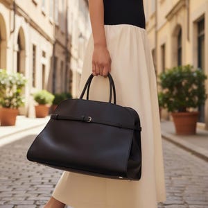 Può includere: Una borsa in pelle nera con manico superiore e chiusura a cinturino. La borsa ha una forma rettangolare con bordi arrotondati e una fibbia color argento. La borsa è tenuta da una persona con un top nero e una gonna color crema.
