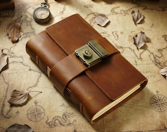 Vintage Brown Leather Travel Journal with Combination Lock| 160 Pages | Compact Travel Notebook