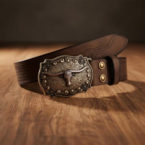 May include: A brown leather belt with a decorative metal buckle. The buckle features a longhorn design with floral patterns. The belt has a textured pattern and two brass-coloured rivets near the buckle.