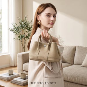 May include: A beige pebbled leather tote bag featuring two short top handles, a central silver-toned snap button closure, and structured vertical stitching details. The bag has a wide base and a curved top opening. The text THE PEBBLED TOTE is visible.