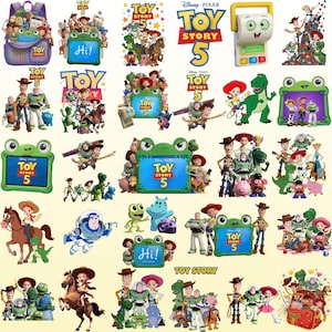 May include: A collection of digital illustrations featuring Toy Story 5 characters including Woody, Buzz Lightyear, Jessie, Rex, and Slinky Dog, alongside green frog-shaped frames, backpacks, and handheld devices with the Toy Story 5 logo.