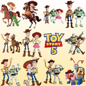 May include: A collection of Toy Story 5 character illustrations featuring Woody, Buzz Lightyear, Jessie, Bullseye, Rex, Slinky Dog, Mr. Potato Head, and Hamm. The graphic includes the blue and yellow Toy Story 5 logo on a light cream background.