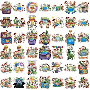 May include: A collection of digital illustrations featuring Toy Story 5 characters including Woody, Buzz Lightyear, Jessie, Rex, and Slinky Dog, often displayed with a green frog-shaped frame, a blue toy box, or a purple backpack, all with the Toy Story 5 logo.