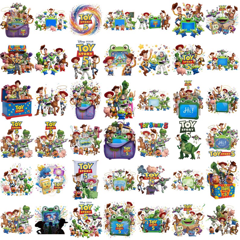 May include: A collection of digital illustrations featuring Toy Story 5 characters including Woody, Buzz Lightyear, Jessie, Rex, and Slinky Dog, often displayed with a green frog-shaped frame, a blue toy box, or a purple backpack, all with the Toy Story 5 logo.