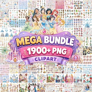 May include: A digital collection of over 1900 PNG clipart files featuring various animated princess characters, castles, and carriages. The central graphic displays the text MEGA BUNDLE 1900+ PNG CLIPART in a purple and gold decorative frame.