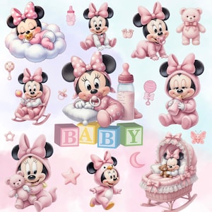 Pode incluir: Uma coleção de ilustrações apresentando a bebé Minnie Mouse em várias poses, incluindo a dormir numa nuvem, sentada com um biberão e num berço. O conjunto inclui acessórios de bebé cor-de-rosa, um urso de peluche e quatro blocos com a palavra BABY.