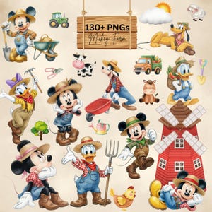 May include: A collection of 130+ digital PNG illustrations featuring Mickey Mouse, Minnie Mouse, Donald Duck, Daisy Duck, Goofy, and Pluto dressed in farm attire. Includes farm animals, a red windmill, a tractor, and various gardening tools.