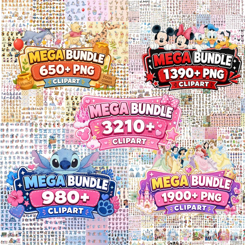Disney Mega Bundle PNG, Mickey Mouse Minnie Mouse Donald Daisy Pluto, Winnie The Pooh Stitch Princess Clipart Bundle