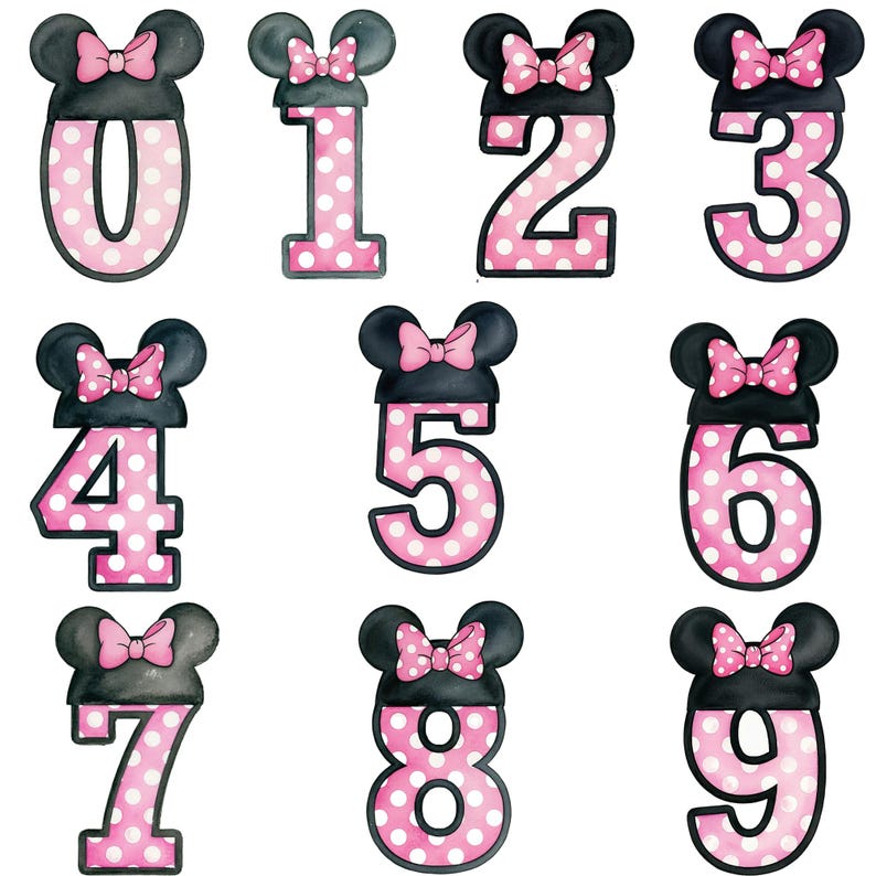 May include: A set of ten numerical digits from zero to nine, each topped with black mouse ears and a pink polka-dot bow. The numbers themselves are pink with white polka dots and feature a thick black outline, creating a cohesive graphic design.