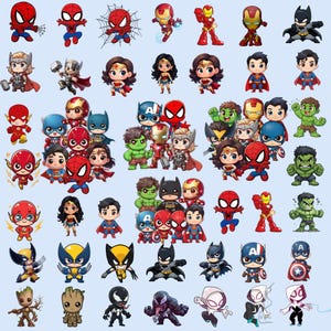 May include: A collection of chibi-style stickers featuring various comic book superheroes and villains, including Spider-Man, Iron Man, Batman, Thor, Wonder Woman, Superman, The Flash, Hulk, Wolverine, Groot, Venom, and Spider-Gwen in colourful designs.