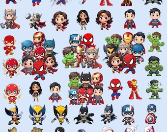 Chibi Superhero Clipart Bundle PNG, Superhero Characters, Superhero Chibi SVG, Baby Avengers Clipart, Iron Man, Spider Man, Pngs