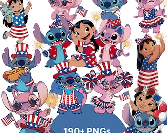Paquete de más de 190 imágenes PNG de Stitch para el 4 de julio: Bandera estadounidense, Lilo y Stitch (Descarga digital)
