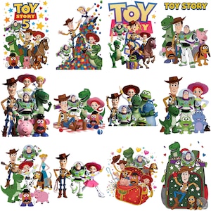 May include: A collection of Toy Story character illustrations featuring Woody, Buzz Lightyear, Jessie, Rex, Hamm, Mr. Potato Head, and Slinky Dog in various poses, some with the Toy Story 5 logo, colorful stars, hearts, and building blocks.