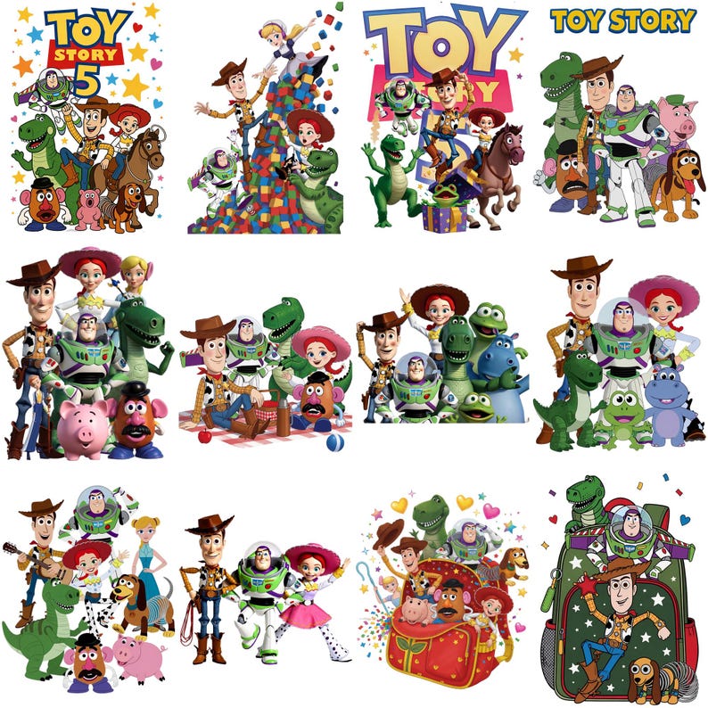 May include: A collection of Toy Story character illustrations featuring Woody, Buzz Lightyear, Jessie, Rex, Hamm, Mr. Potato Head, and Slinky Dog in various poses, some with the Toy Story 5 logo, colorful stars, hearts, and building blocks.