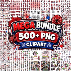 以下が含まれることがあります： スパイダーマンをテーマにした500種類以上のPNGクリップアート画像のデジタルコレクション。キャラクターのポーズ、クモの巣、誕生日のグラフィックが含まれています。中央のテキストには、太字で「MEGA BUNDLE 500+ PNG CLIPART」と記載されています。