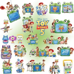 May include: A collection of Disney Pixar Toy Story 5 graphic illustrations featuring Woody, Buzz Lightyear, Jessie, and various characters surrounding green frog-shaped frames, tablets, and toys with the Toy Story 5 logo and text Bonnie's New Toy.