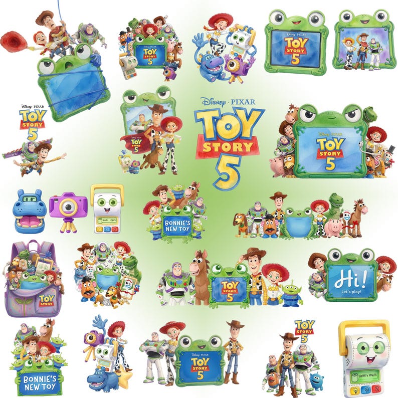 May include: A collection of Disney Pixar Toy Story 5 graphic illustrations featuring Woody, Buzz Lightyear, Jessie, and various characters surrounding green frog-shaped frames, tablets, and toys with the Toy Story 5 logo and text Bonnie's New Toy.
