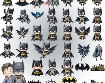 Cute Batman Clipart PNG | Superhero Baby Digital Kit | Gotham Hero Birthday Party Decor | Cartoon Comic Graphics | Instant Download