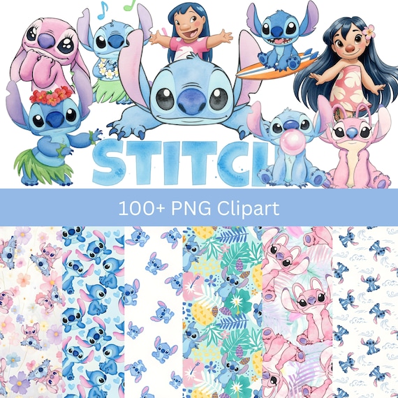 100+Lilo and Stitch Watercolor Clipart Bundle PNG, Lilo and Stitch Clipart, Beach Tropical Flowers Clipart, Cute Stitch Characters PNG