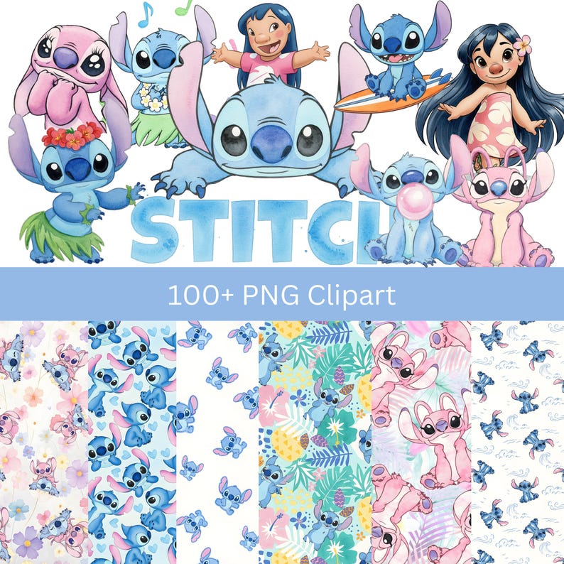 Puede incluir: Una colecci&oacute;n digital de m&aacute;s de 100 archivos de im&aacute;genes predise&ntilde;adas PNG con Stitch y Lilo en varias poses, incluyendo bailando hula, surfeando y haciendo burbujas. El conjunto incluye ilustraciones individuales de personajes y patrones repetitivos con motivos florales.