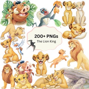 May include: A digital collection of 200+ PNGs featuring The Lion King characters including Simba, Nala, Mufasa, Timon, Pumbaa, Rafiki, and Zazu in various poses, with a central label reading 200+ PNGs The Lion King on a light pink background.