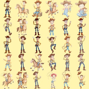 May include: A collection of digital illustrations featuring a cowboy character in a brown hat, yellow shirt with cow print vest, blue jeans, and brown boots, shown in various poses, some riding a brown horse or accompanied by a child character.