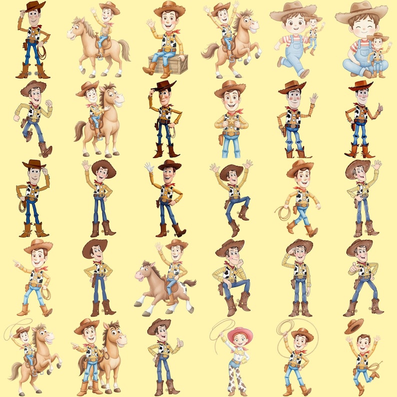 May include: A collection of digital illustrations featuring a cowboy character in a brown hat, yellow shirt with cow print vest, blue jeans, and brown boots, shown in various poses, some riding a brown horse or accompanied by a child character.