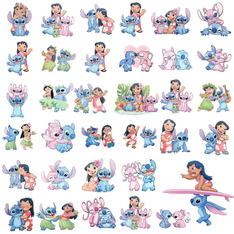 Paquete de más de 100 imágenes prediseñadas de Lilo y Stitch en acuarela PNG, imágenes prediseñadas de Lilo y Stitch, imágenes prediseñadas de flores tropicales de playa, lindos personajes de Stitch PNG imagen 4