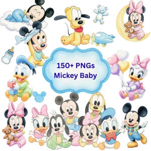 May include: A collection of digital illustrations featuring baby versions of Mickey Mouse, Minnie Mouse, Donald Duck, Daisy Duck, Pluto, and Goofy. The images include various toys, balloons, and a central blue label with the text 150+ PNGs Mickey Baby.