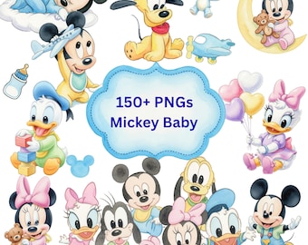 150+ Mickey and Friends Watercolor Clipart Bundle PNG, Baby Mickey Clipart, Soft Pastel Baby Shower Clipart, Cute Mickey Friends PNG