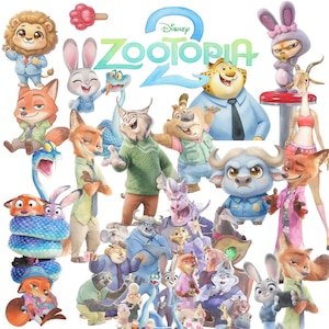 May include: A collection of Disney Zootopia 2 character illustrations featuring Judy Hopps, Nick Wilde, and various anthropomorphic animals in a collage layout. The Zootopia 2 logo is centered at the top with colorful, detailed cartoon figures.