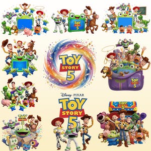 May include: A collection of Toy Story 5 digital graphics featuring Woody, Buzz Lightyear, Jessie, and other characters. The images include various arrangements of the cast, a colorful swirling logo, and a purple backpack with the Toy Story 5 text.