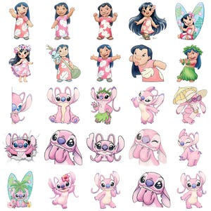 Puede incluir: Una colecci&oacute;n de veinticinco ilustraciones digitales que muestran a Lilo y Angel en varias poses. Los personajes est&aacute;n representados con paletas de colores rosa y azul, vistiendo vestidos florales, faldas hawaianas o sosteniendo accesorios.