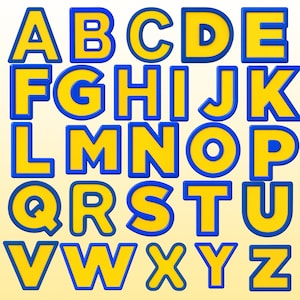May include: A complete set of uppercase English alphabet letters from A to Z arranged in a grid. Each letter is rendered in a bright yellow color with a thick, bold blue outline, creating a three-dimensional appearance against a light background.
