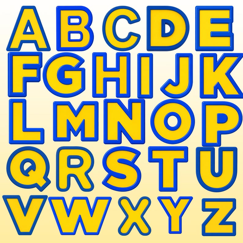 May include: A complete set of uppercase English alphabet letters from A to Z arranged in a grid. Each letter is rendered in a bright yellow color with a thick, bold blue outline, creating a three-dimensional appearance against a light background.